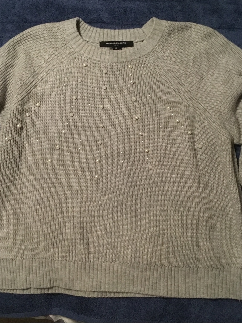 French Connection Light Gray Pearl-Accent Crewneck Sweater